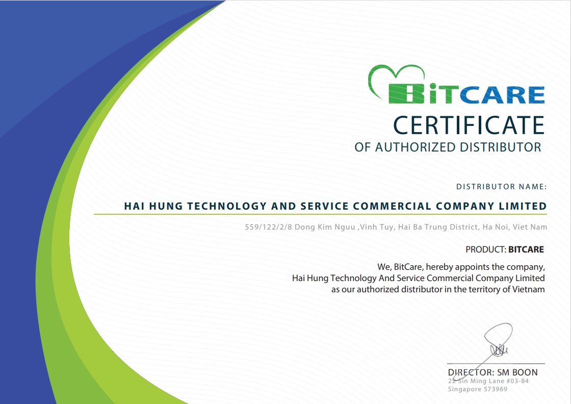 Chứng nhận Hải Hưng là đại lý phân phối độc quyền BitCare tại Việt Nam