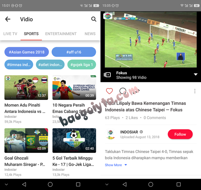 Giao diện của App Vidio xem bóng đá Asiad 2018